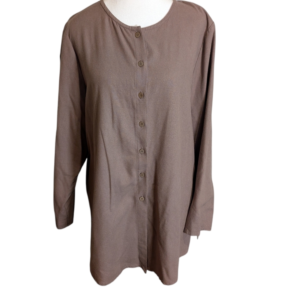 Eileen Fisher 100% Silk Button Front Taupe Brown‎ Long Sleeve Tunic Top Size 2